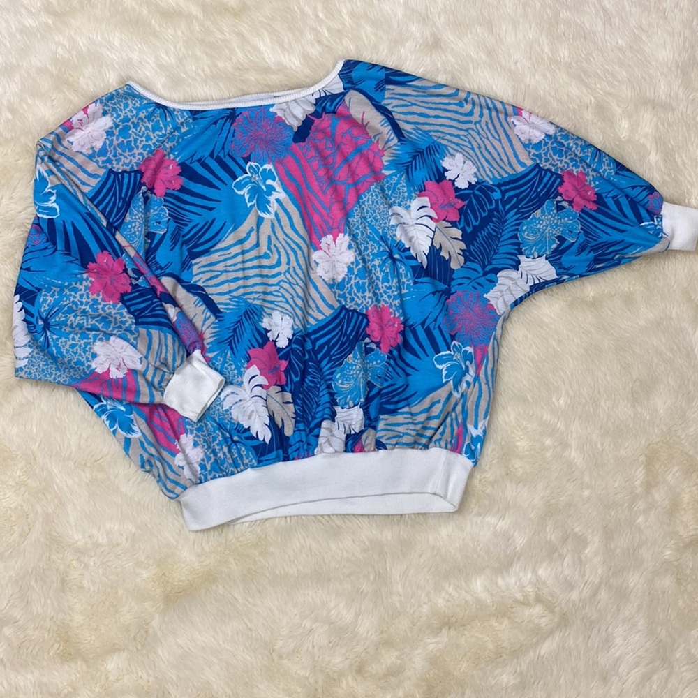 Vintage 80’s Betsy Kelley Tropical Animal Floral Palm Print Dolman 16 Neon blue